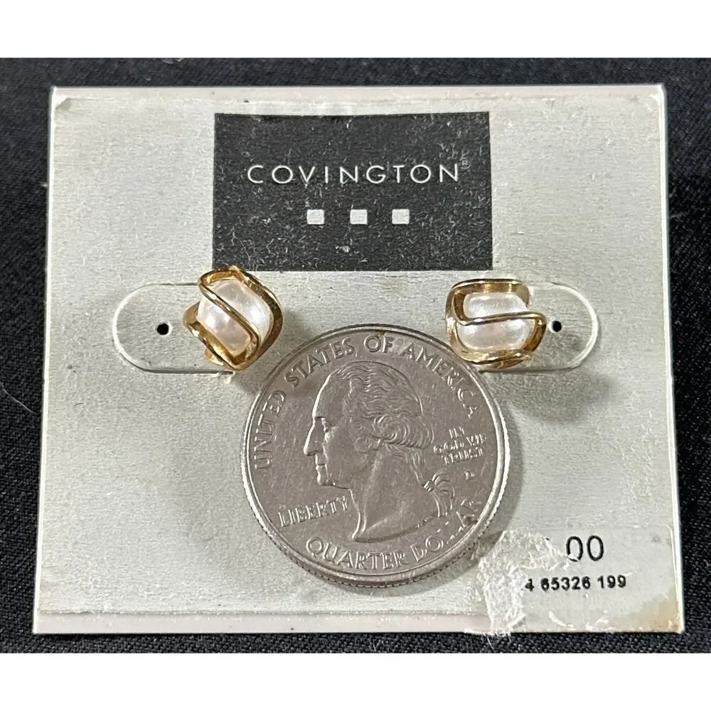 Vintage Covington Faux Pearl Stud Earrings with Gold-Tone Swirl Setting – NWT - Picture 6 of 6